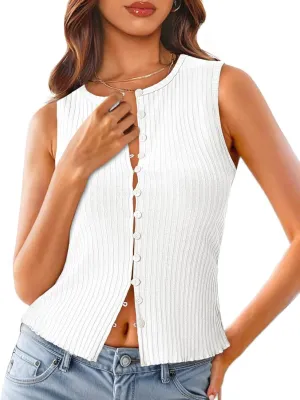 Tankaneo Womens Going Out Tops Summer Cute Ribbed Tank Crop Button Up Vest Top Y2K Sexy Outfits