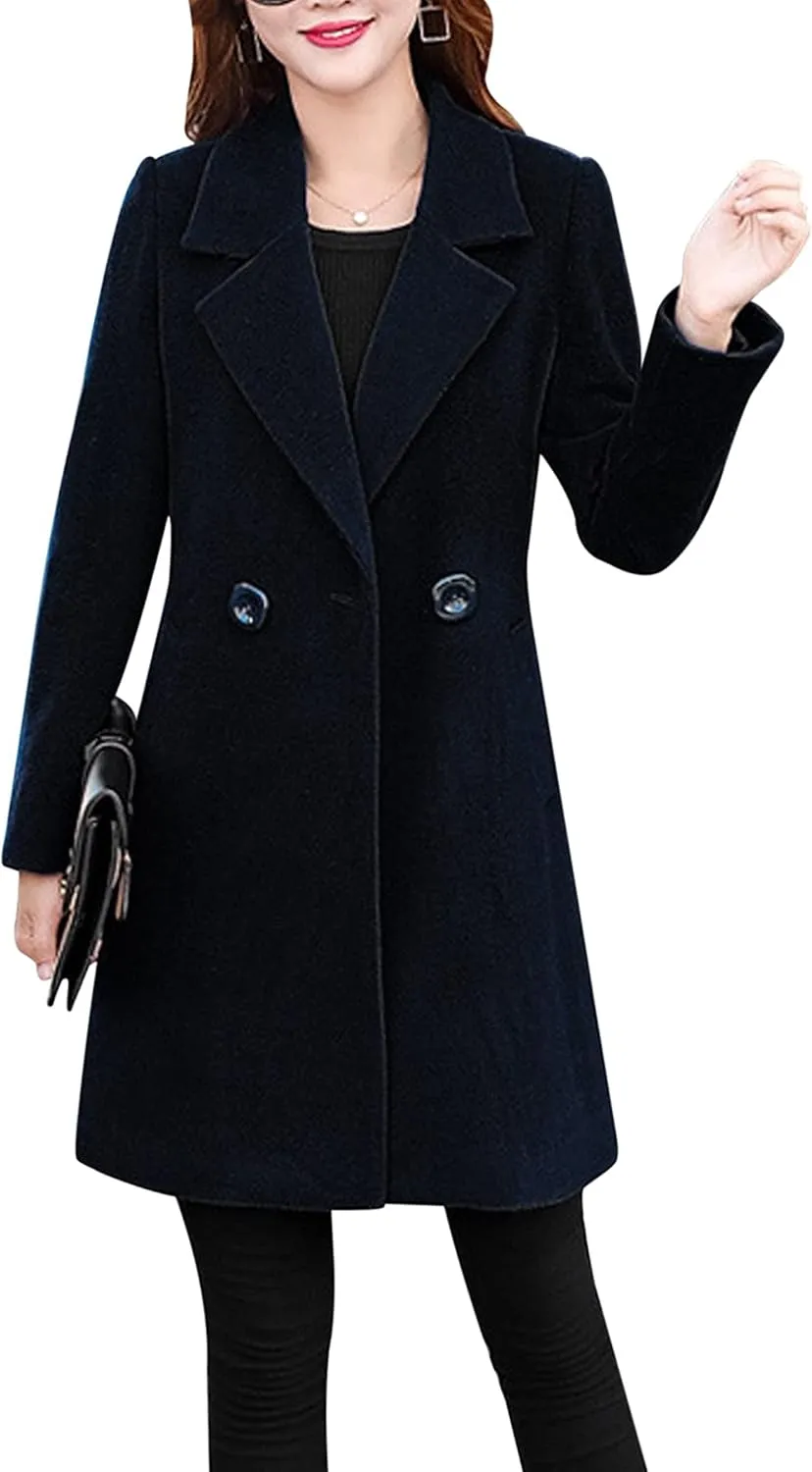 Tanming Womens Elegant Notched Collar Button Wool Blend Solid Long Pea Coat Overcoat