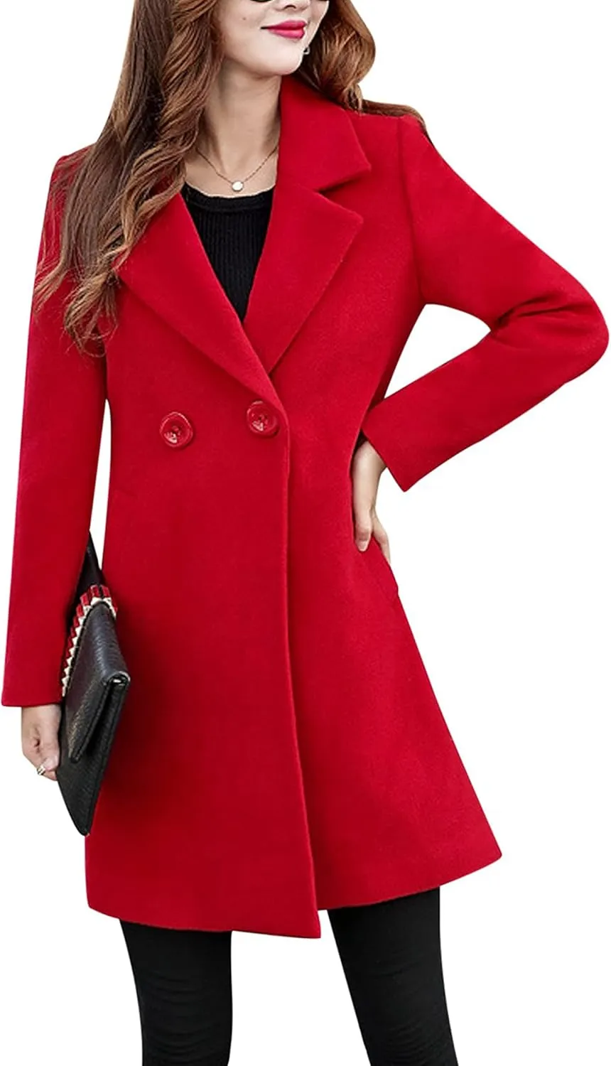 Tanming Womens Elegant Notched Collar Button Wool Blend Solid Long Pea Coat Overcoat