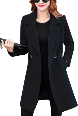 Tanming Womens Elegant Notched Collar Button Wool Blend Solid Long Pea Coat Overcoat