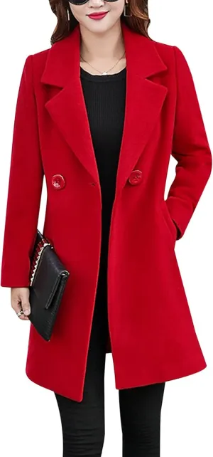 Tanming Womens Elegant Notched Collar Button Wool Blend Solid Long Pea Coat Overcoat