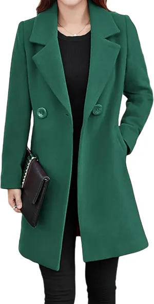 Tanming Womens Elegant Notched Collar Button Wool Blend Solid Long Pea Coat Overcoat