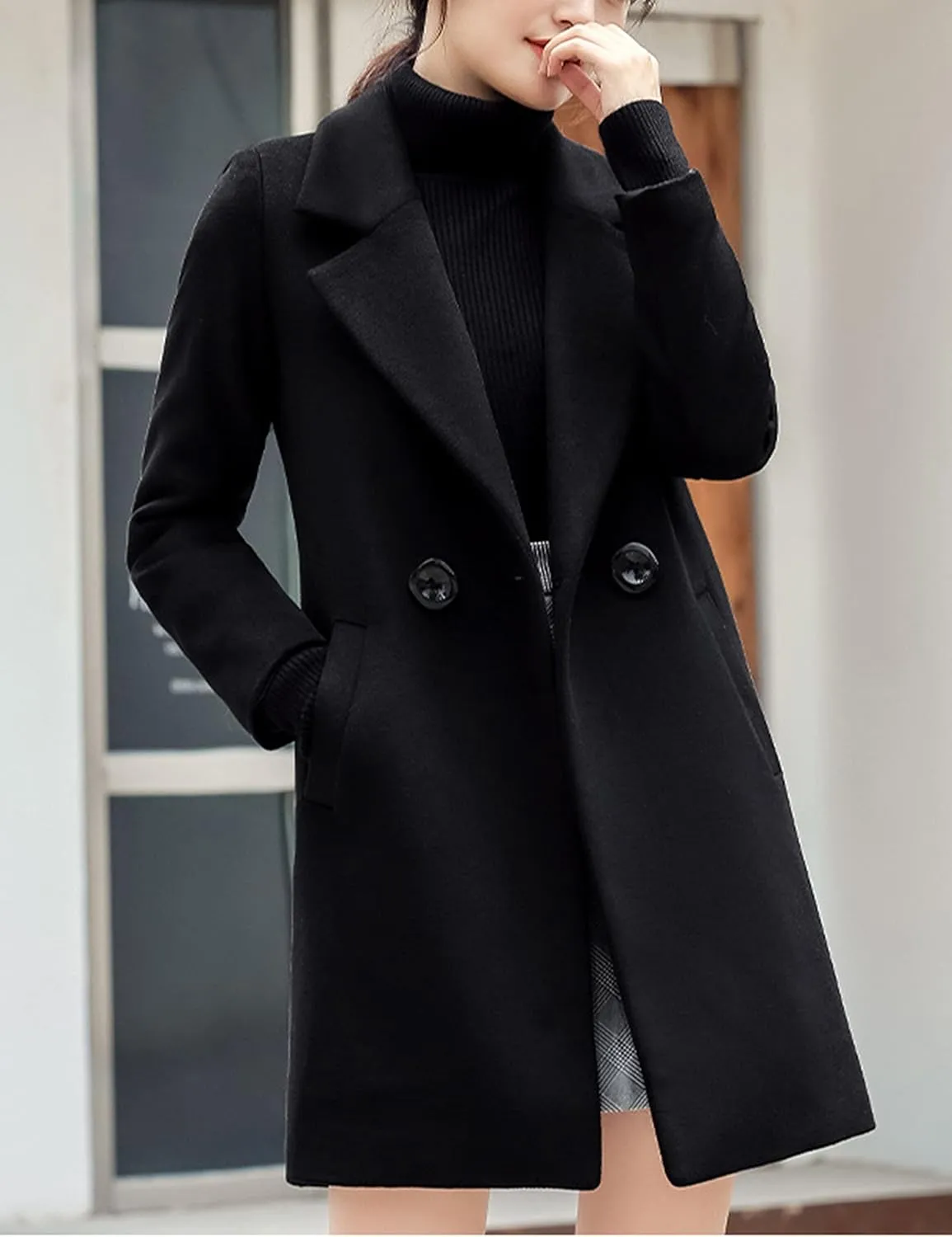 Tanming Womens Elegant Notched Collar Button Wool Blend Solid Long Pea Coat Overcoat