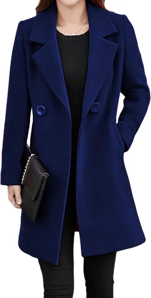 Tanming Womens Elegant Notched Collar Button Wool Blend Solid Long Pea Coat Overcoat