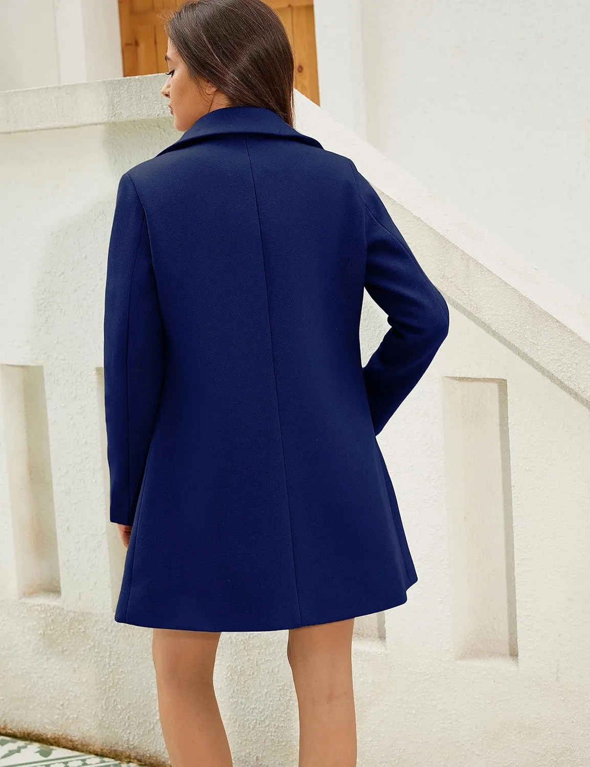 Tanming Womens Elegant Notched Collar Button Wool Blend Solid Long Pea Coat Overcoat
