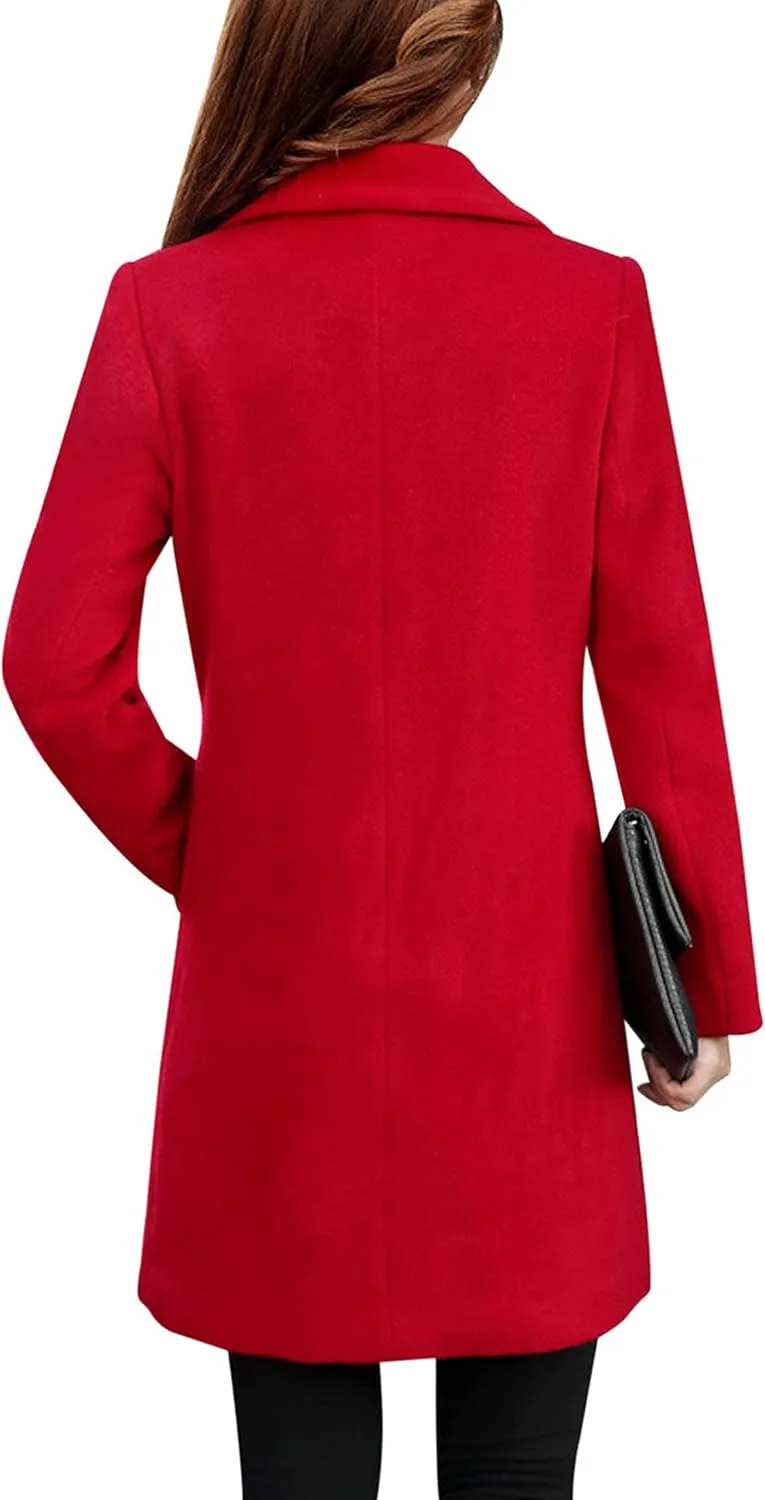 Tanming Womens Elegant Notched Collar Button Wool Blend Solid Long Pea Coat Overcoat