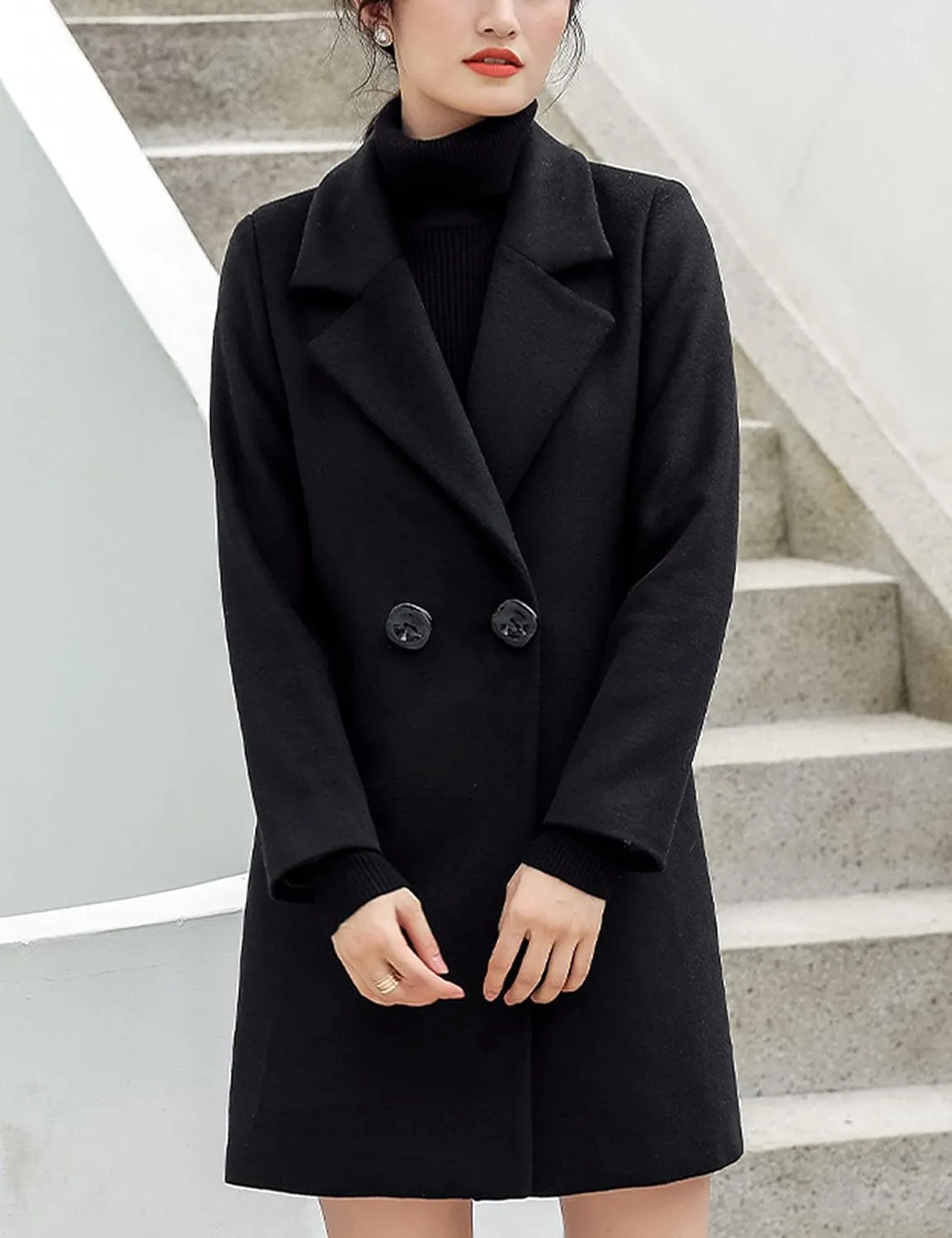 Tanming Womens Elegant Notched Collar Button Wool Blend Solid Long Pea Coat Overcoat