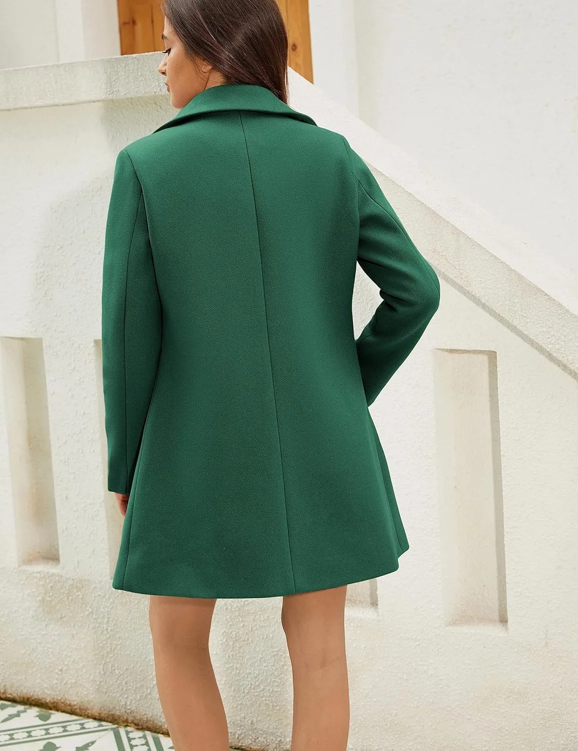 Tanming Womens Elegant Notched Collar Button Wool Blend Solid Long Pea Coat Overcoat