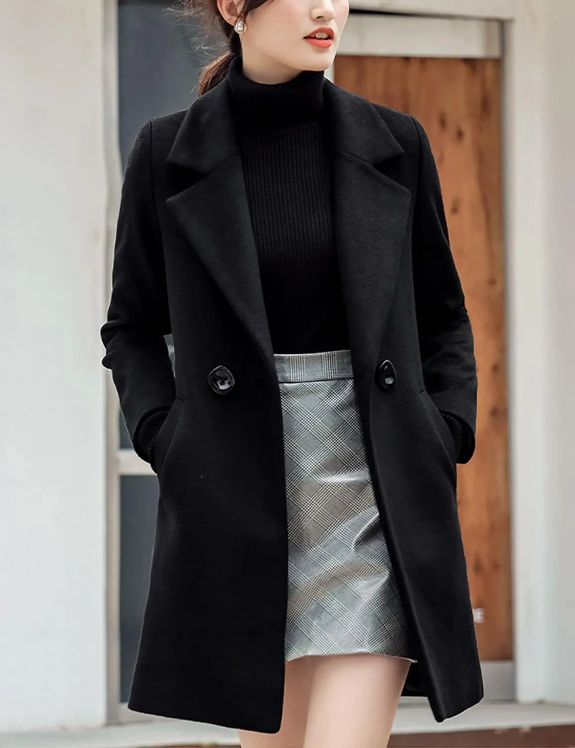 Tanming Womens Elegant Notched Collar Button Wool Blend Solid Long Pea Coat Overcoat