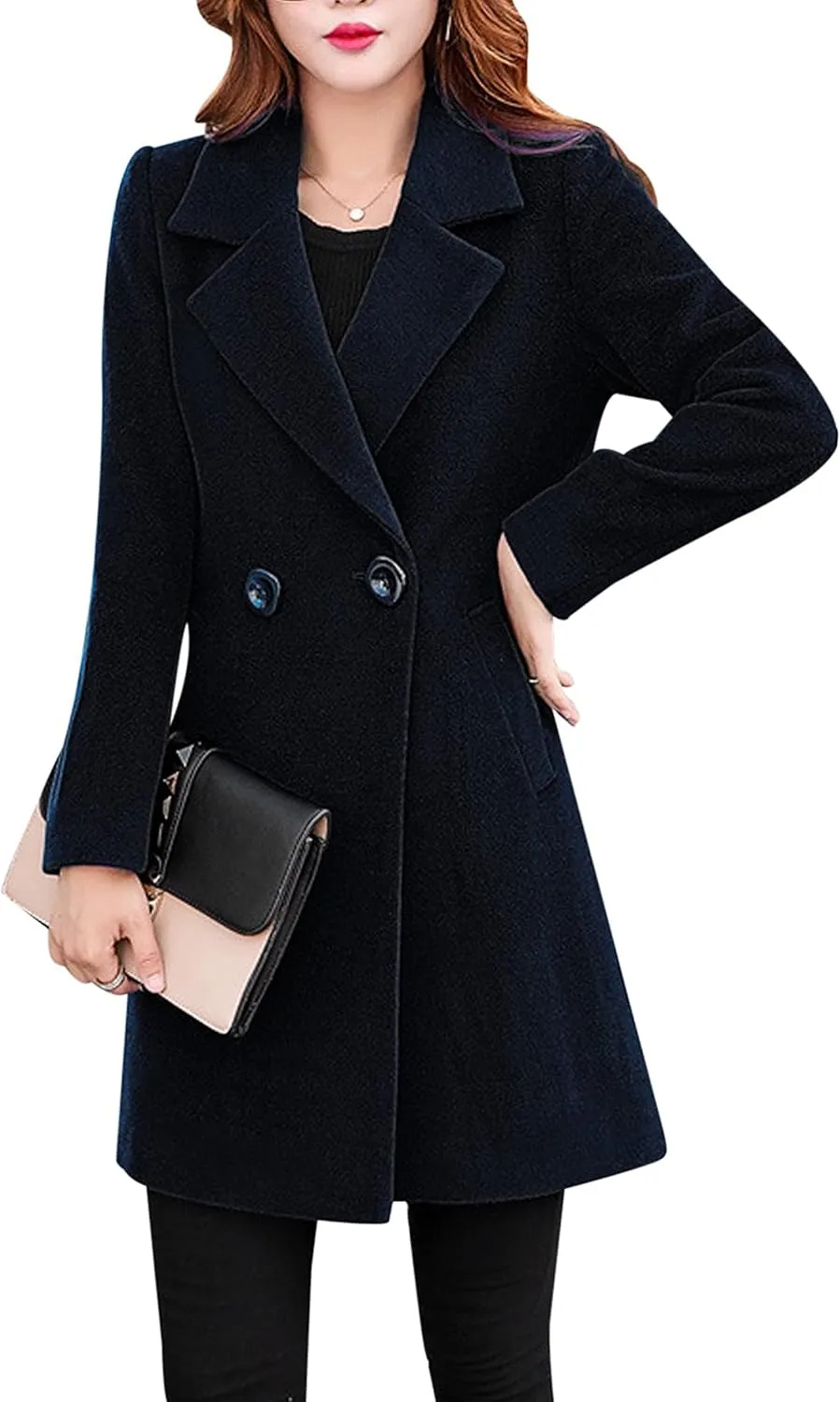 Tanming Womens Elegant Notched Collar Button Wool Blend Solid Long Pea Coat Overcoat