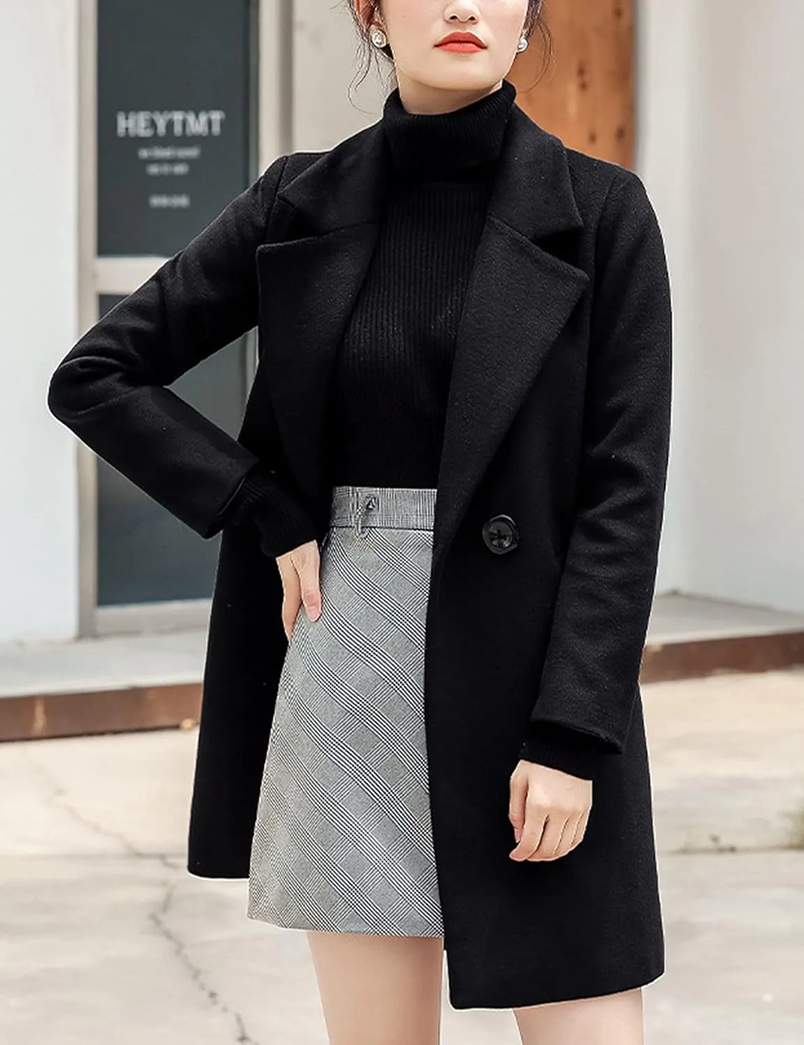 Tanming Womens Elegant Notched Collar Button Wool Blend Solid Long Pea Coat Overcoat