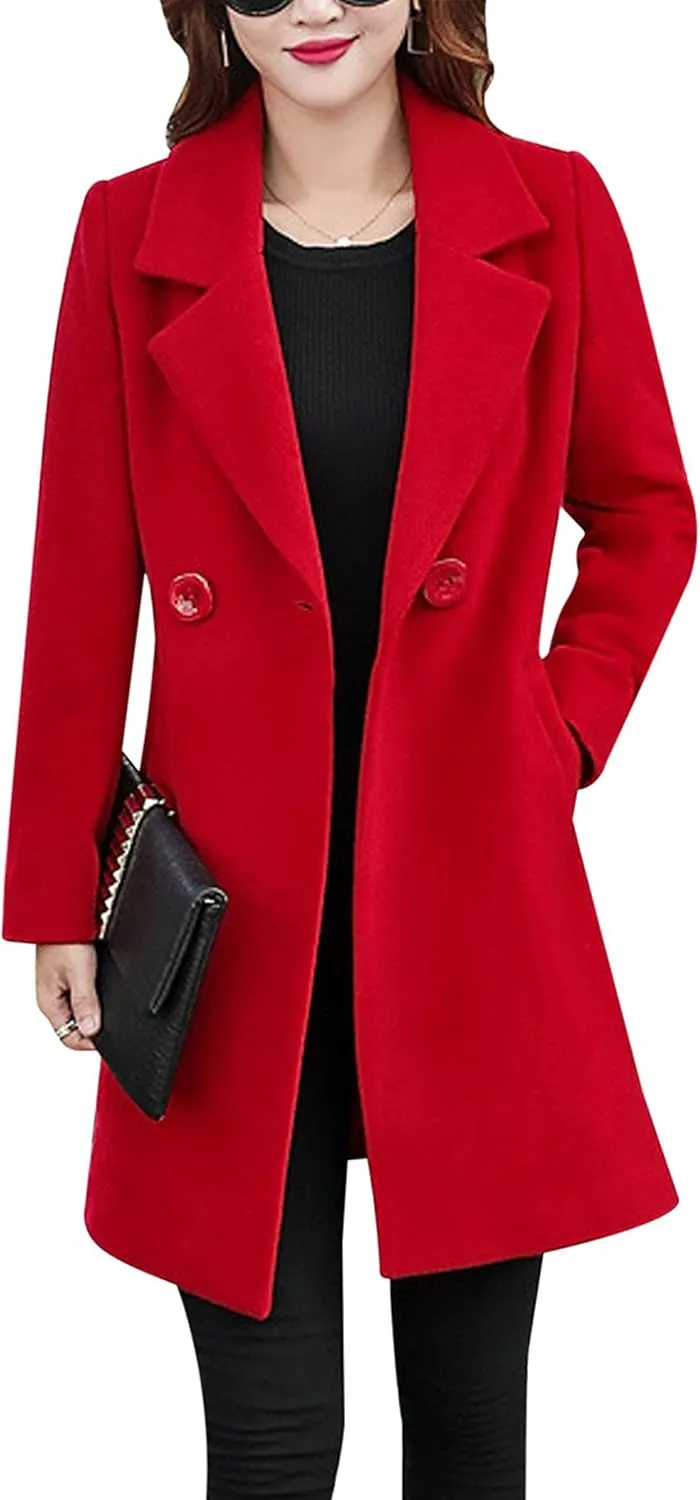Tanming Womens Elegant Notched Collar Button Wool Blend Solid Long Pea Coat Overcoat