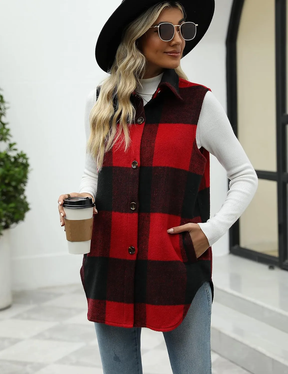 Tanming Women's Plaid Vest Brushed Flannel Sleeveless Shacket Shirt Jacket with Pockets