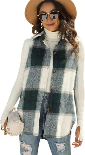 Tanming Women's Plaid Vest Brushed Flannel Sleeveless Shacket Shirt Jacket with Pockets