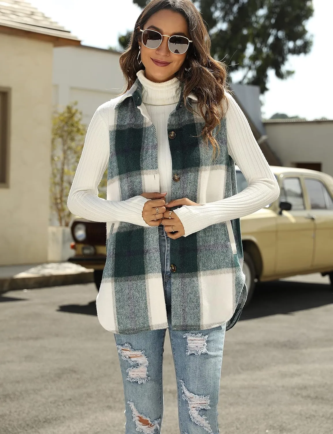 Tanming Women's Plaid Vest Brushed Flannel Sleeveless Shacket Shirt Jacket with Pockets