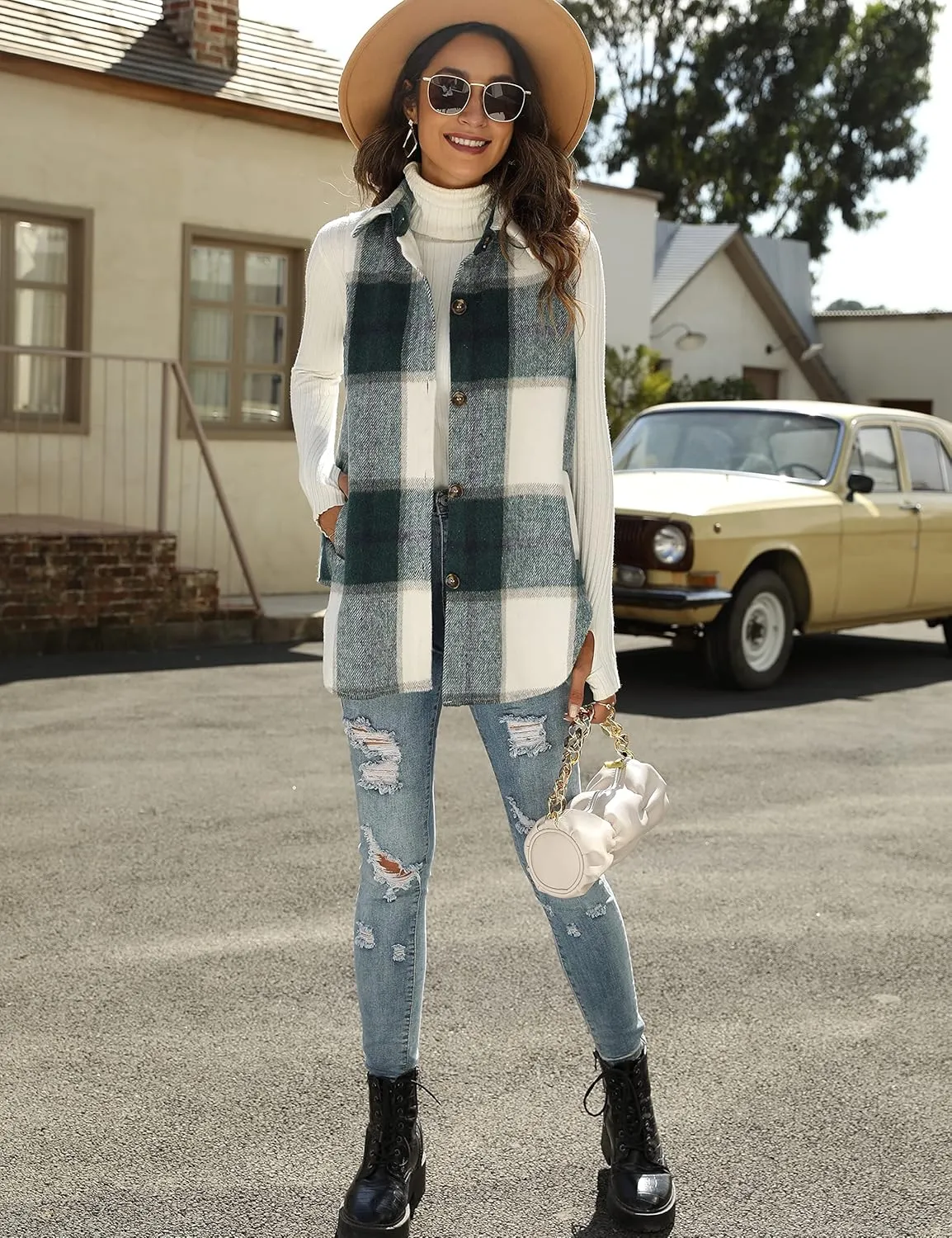 Tanming Women's Plaid Vest Brushed Flannel Sleeveless Shacket Shirt Jacket with Pockets