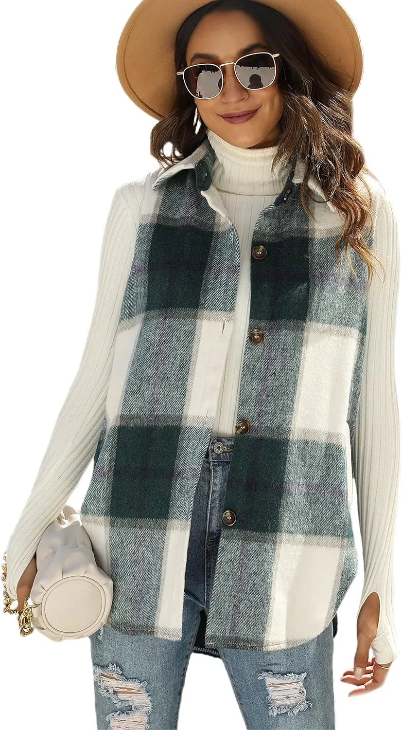 Tanming Women's Plaid Vest Brushed Flannel Sleeveless Shacket Shirt Jacket with Pockets