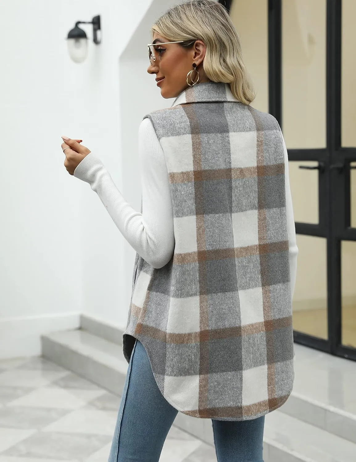 Tanming Women's Plaid Vest Brushed Flannel Sleeveless Shacket Shirt Jacket with Pockets