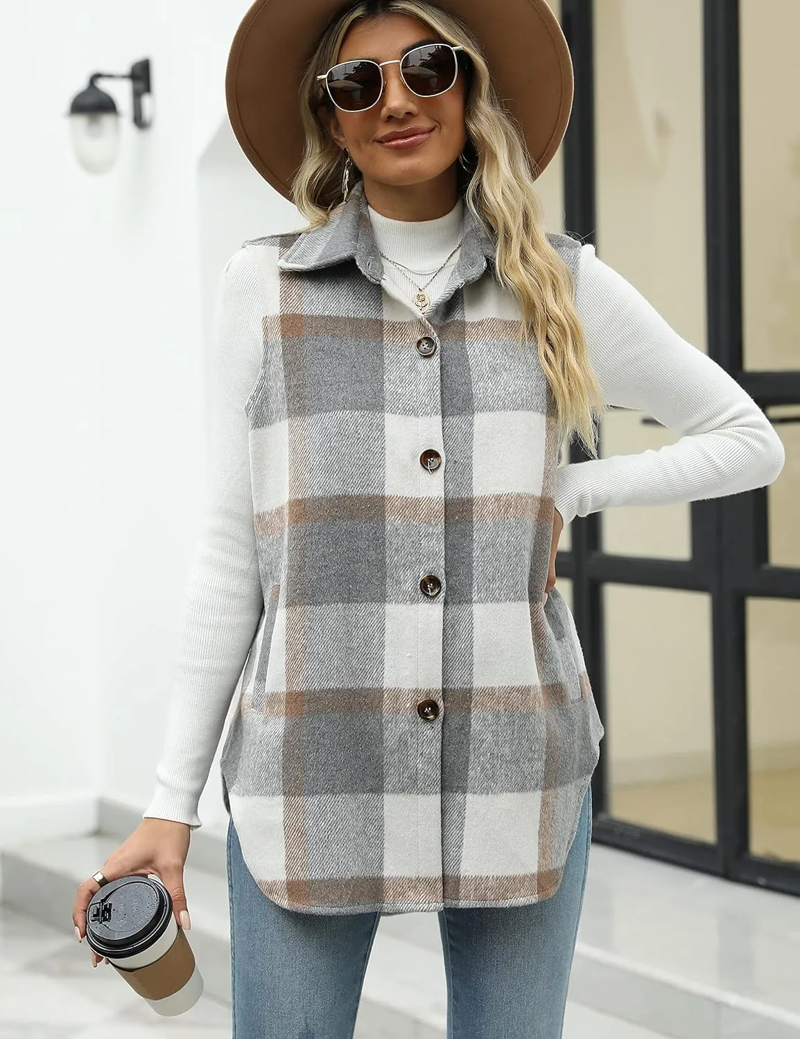 Tanming Women's Plaid Vest Brushed Flannel Sleeveless Shacket Shirt Jacket with Pockets
