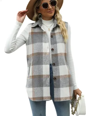 Tanming Women's Plaid Vest Brushed Flannel Sleeveless Shacket Shirt Jacket with Pockets