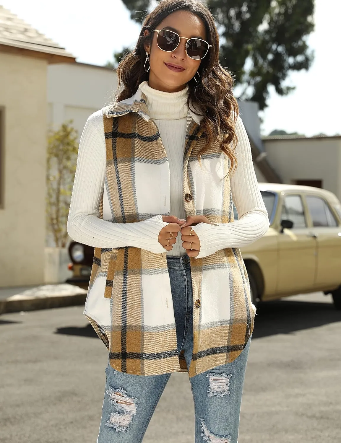 Tanming Women's Plaid Vest Brushed Flannel Sleeveless Shacket Shirt Jacket with Pockets