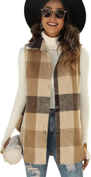 Tanming Women's Plaid Vest Brushed Flannel Sleeveless Shacket Shirt Jacket with Pockets