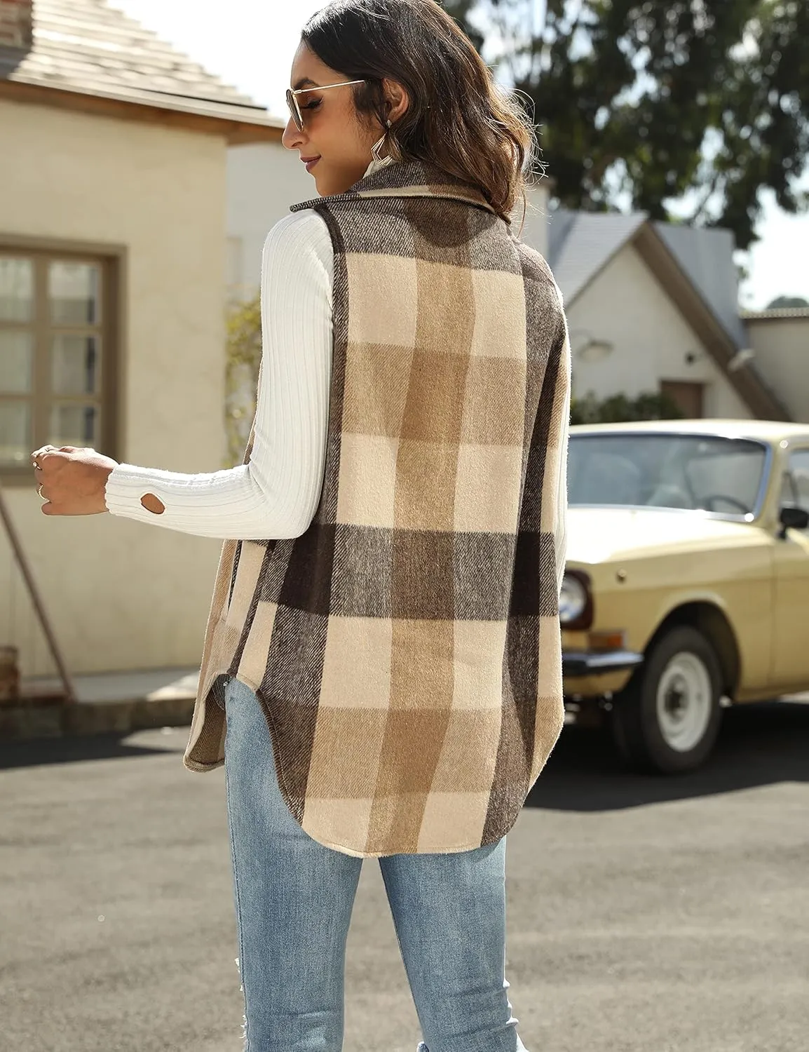 Tanming Women's Plaid Vest Brushed Flannel Sleeveless Shacket Shirt Jacket with Pockets