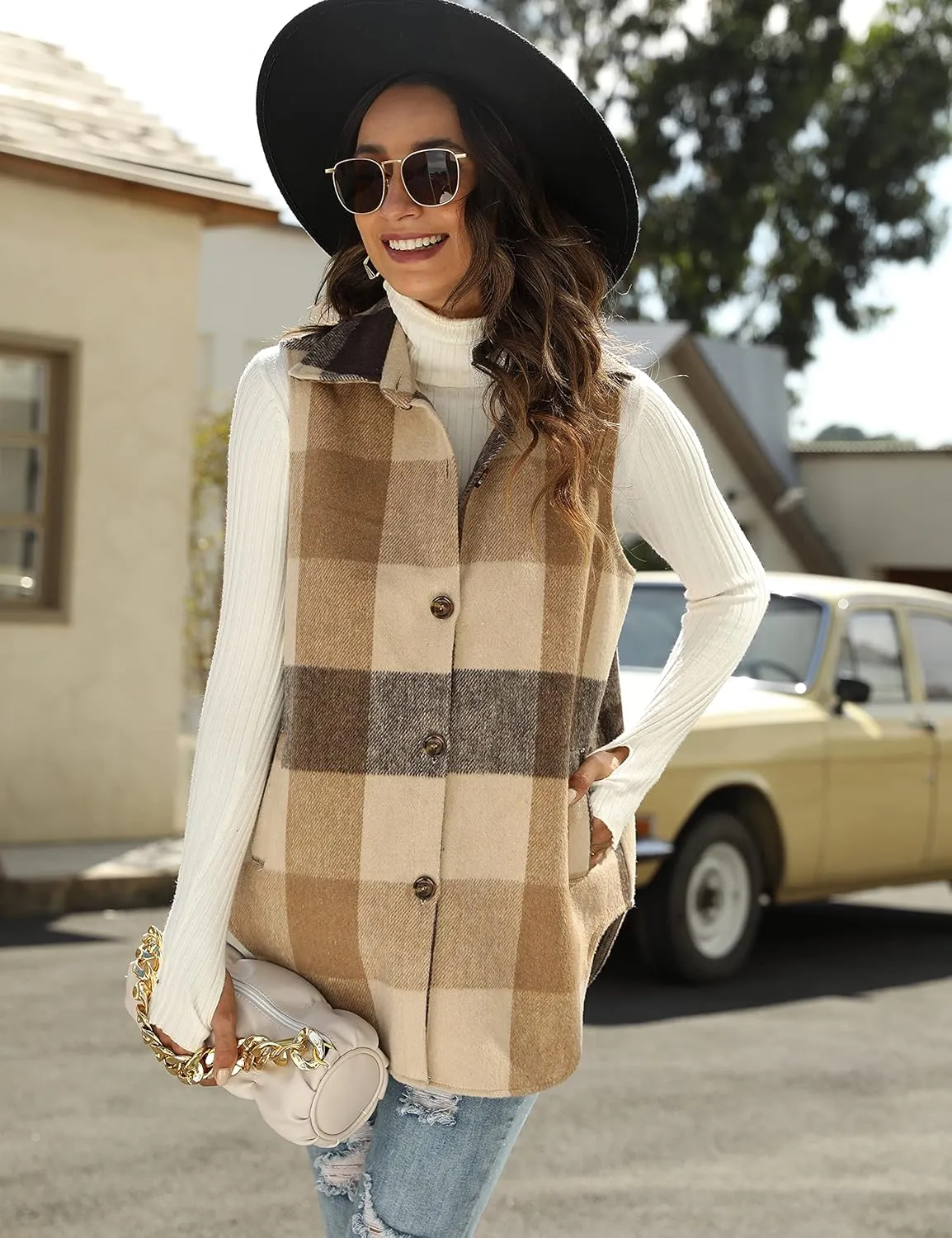 Tanming Women's Plaid Vest Brushed Flannel Sleeveless Shacket Shirt Jacket with Pockets