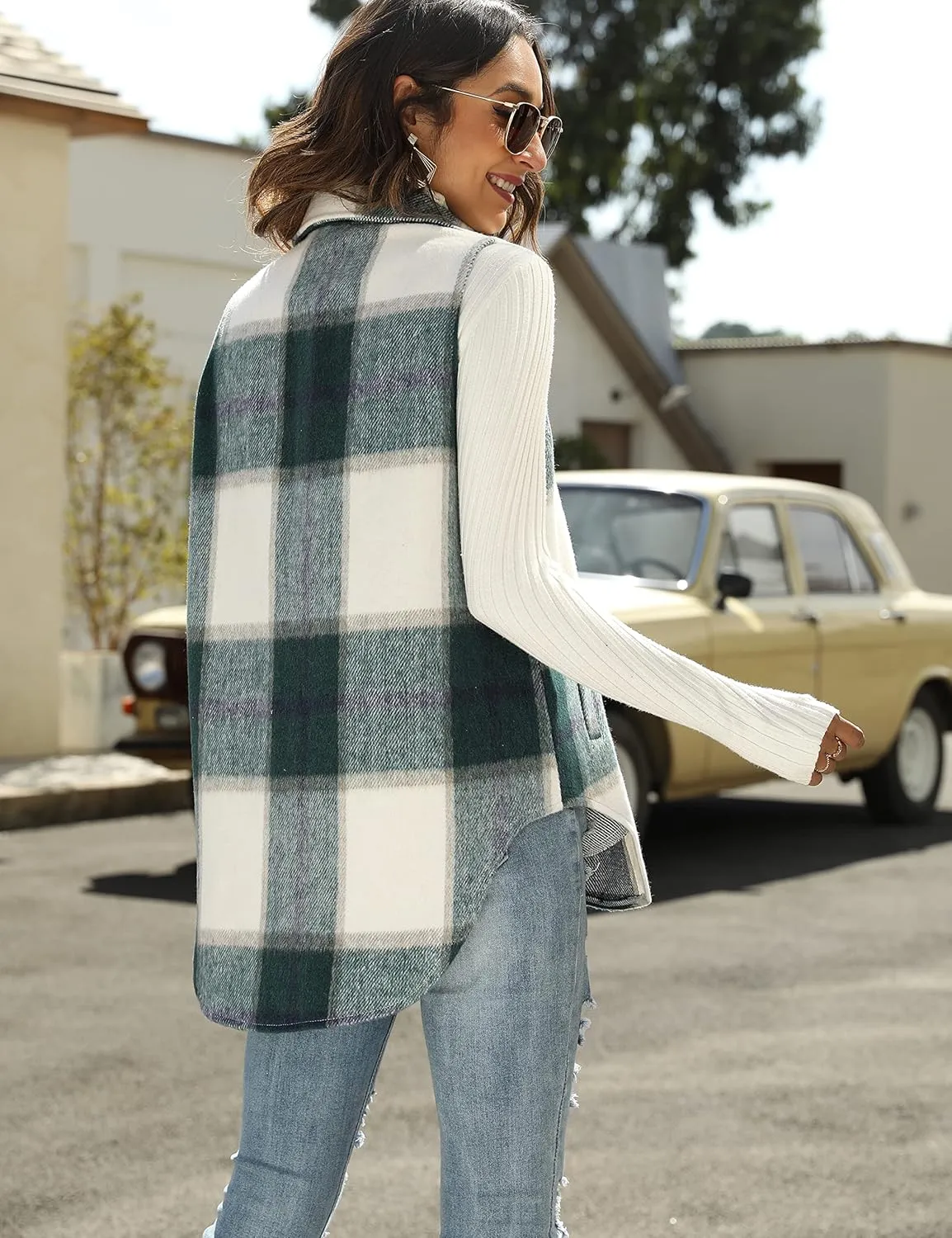 Tanming Women's Plaid Vest Brushed Flannel Sleeveless Shacket Shirt Jacket with Pockets