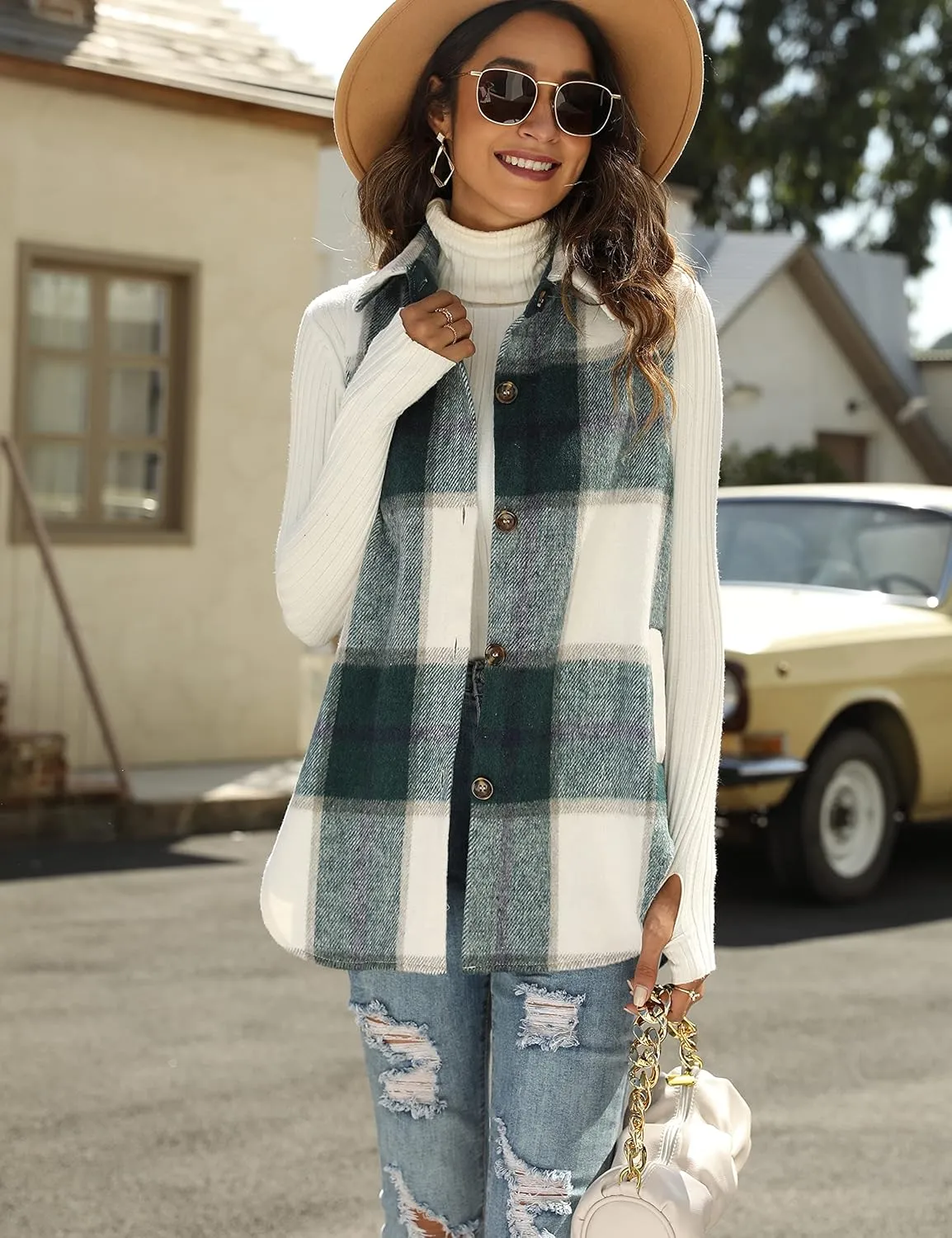 Tanming Women's Plaid Vest Brushed Flannel Sleeveless Shacket Shirt Jacket with Pockets