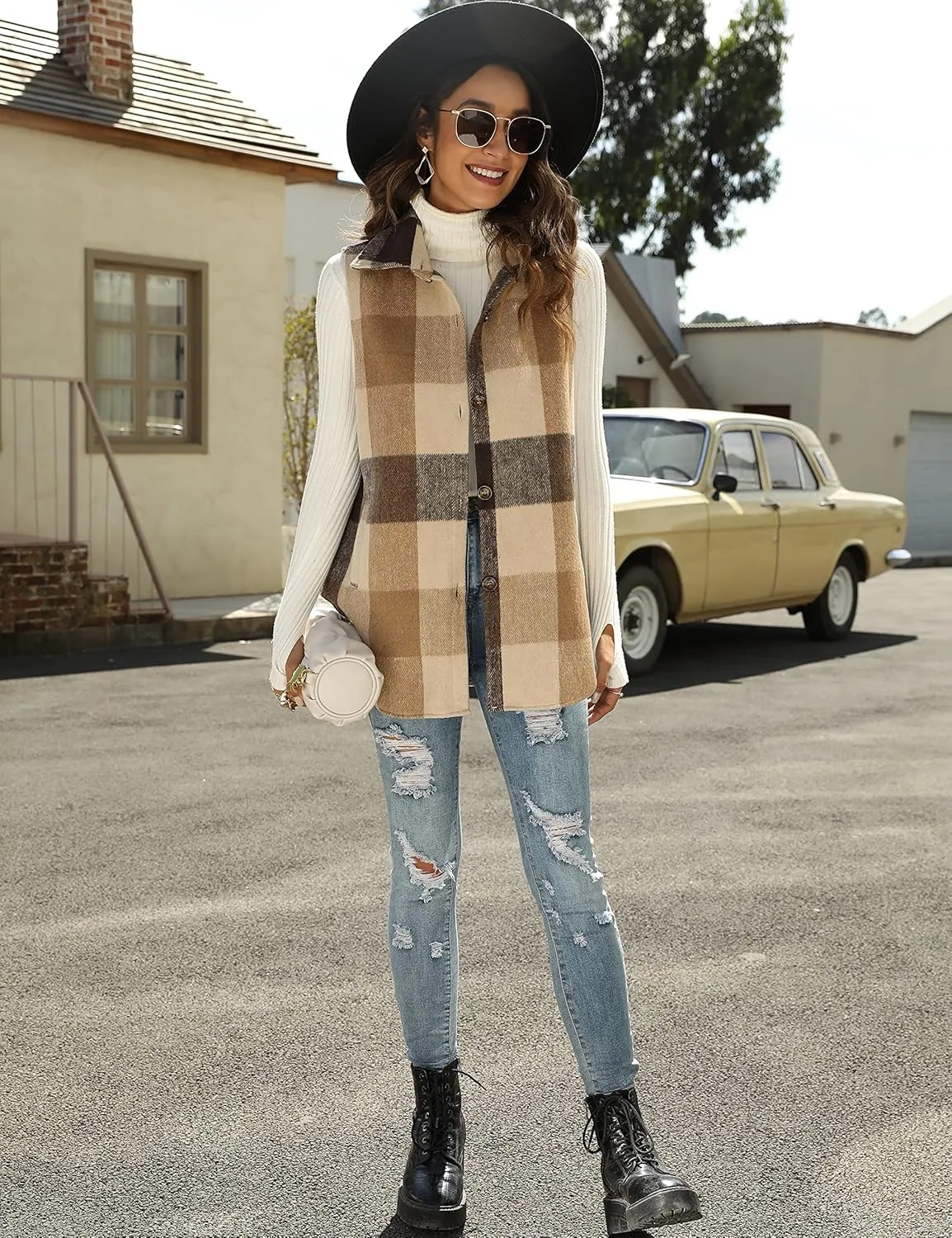 Tanming Women's Plaid Vest Brushed Flannel Sleeveless Shacket Shirt Jacket with Pockets