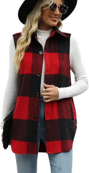 Tanming Women's Plaid Vest Brushed Flannel Sleeveless Shacket Shirt Jacket with Pockets