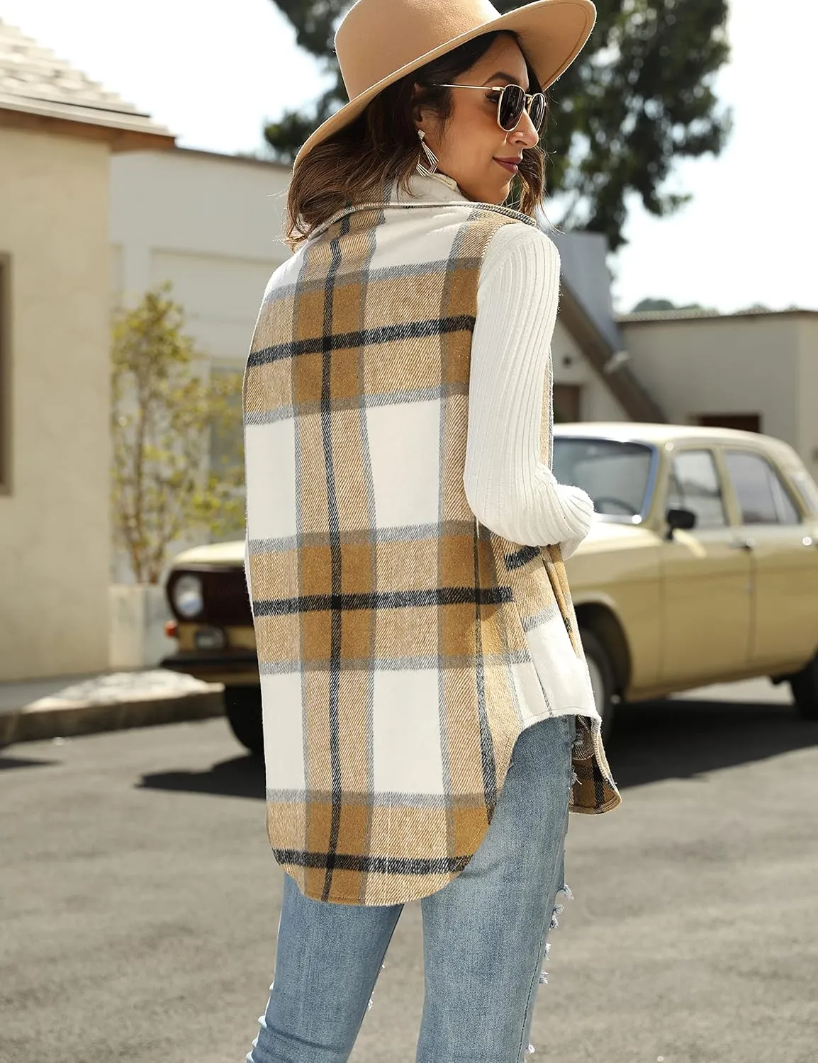 Tanming Women's Plaid Vest Brushed Flannel Sleeveless Shacket Shirt Jacket with Pockets