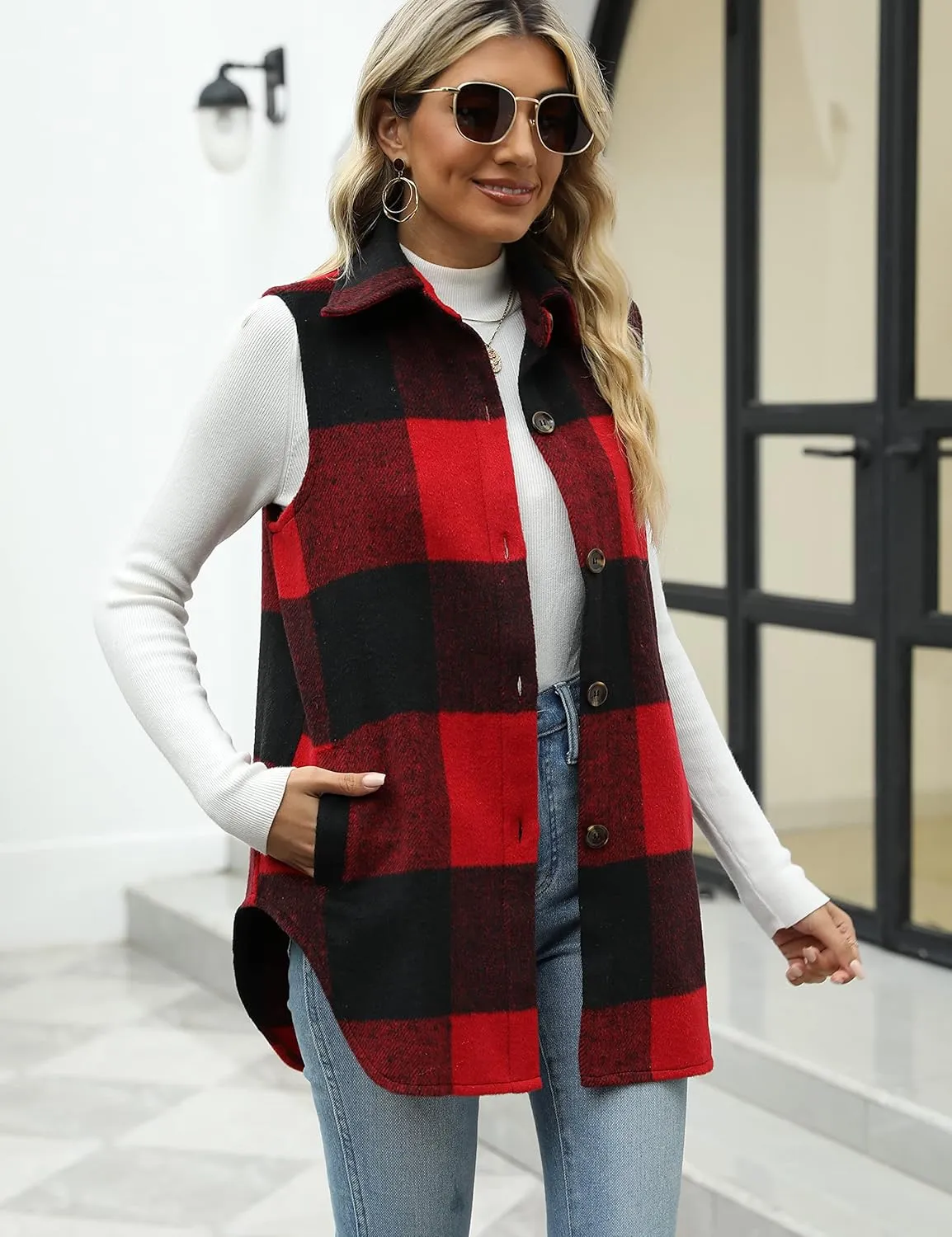 Tanming Women's Plaid Vest Brushed Flannel Sleeveless Shacket Shirt Jacket with Pockets