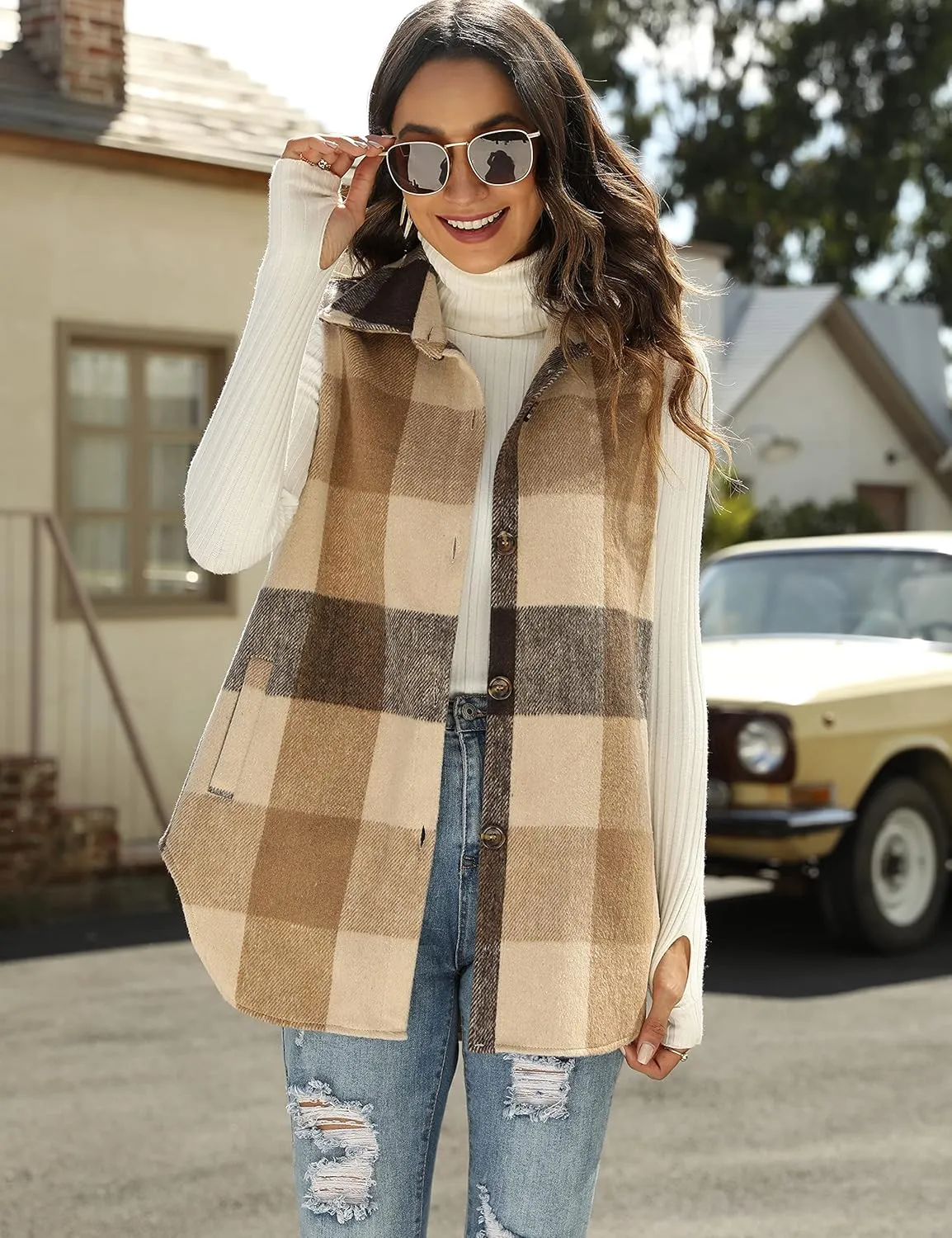 Tanming Women's Plaid Vest Brushed Flannel Sleeveless Shacket Shirt Jacket with Pockets