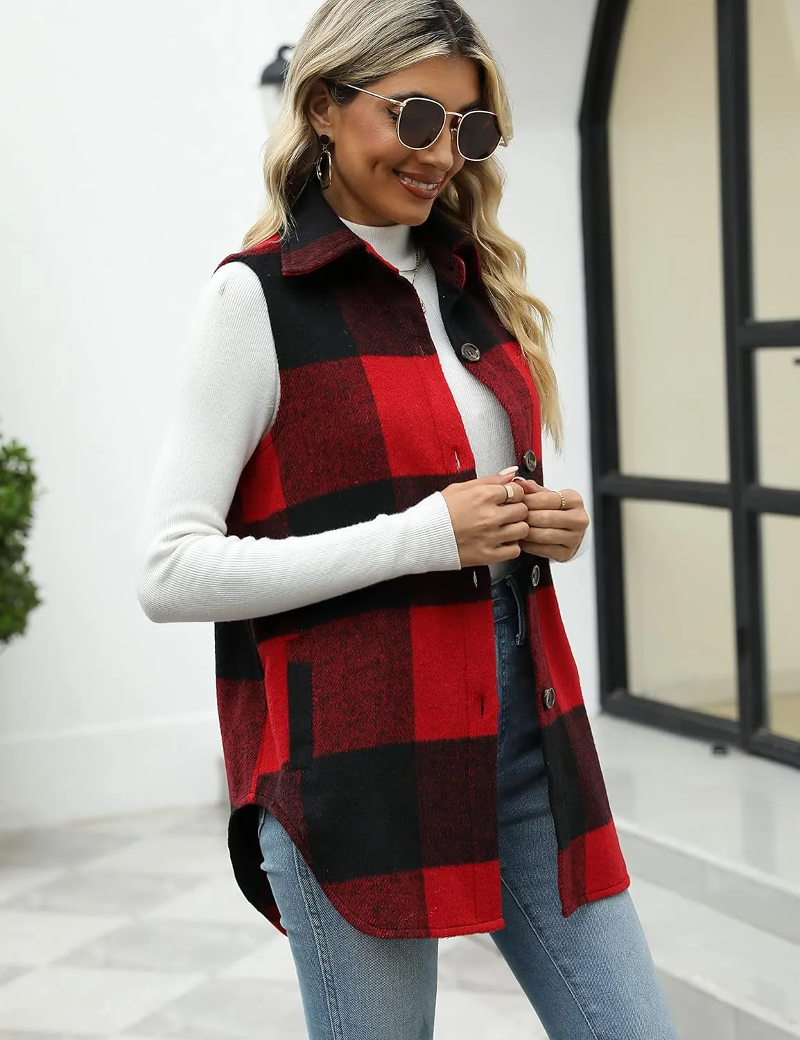 Tanming Women's Plaid Vest Brushed Flannel Sleeveless Shacket Shirt Jacket with Pockets