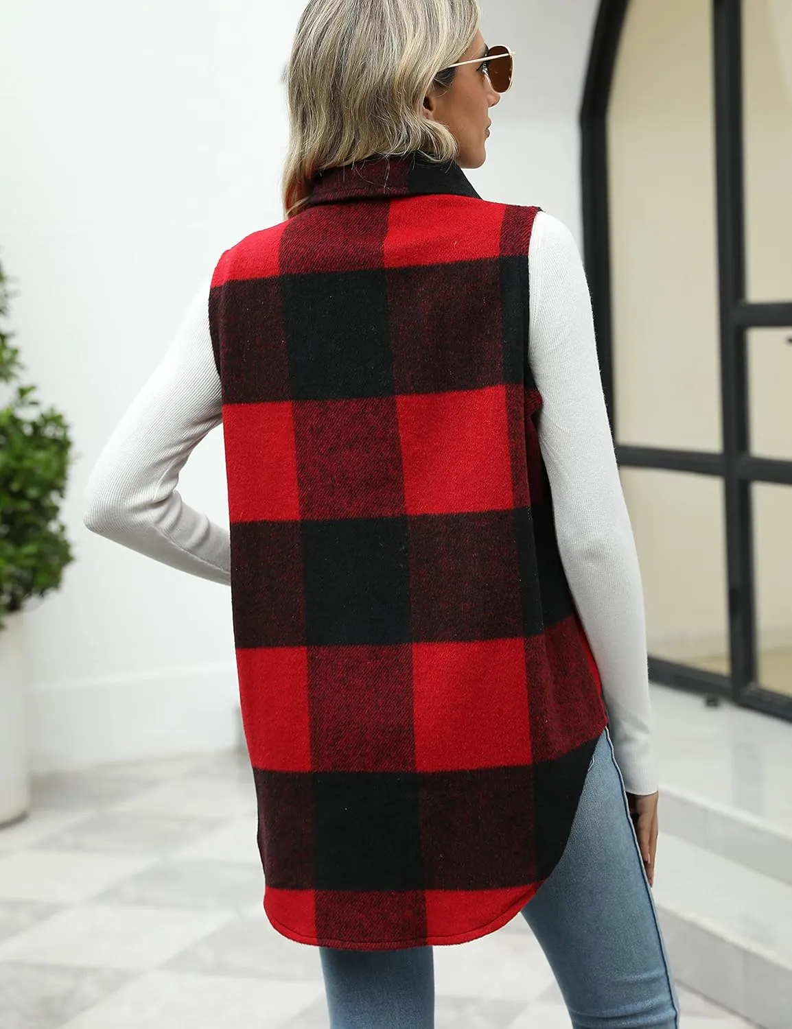 Tanming Women's Plaid Vest Brushed Flannel Sleeveless Shacket Shirt Jacket with Pockets