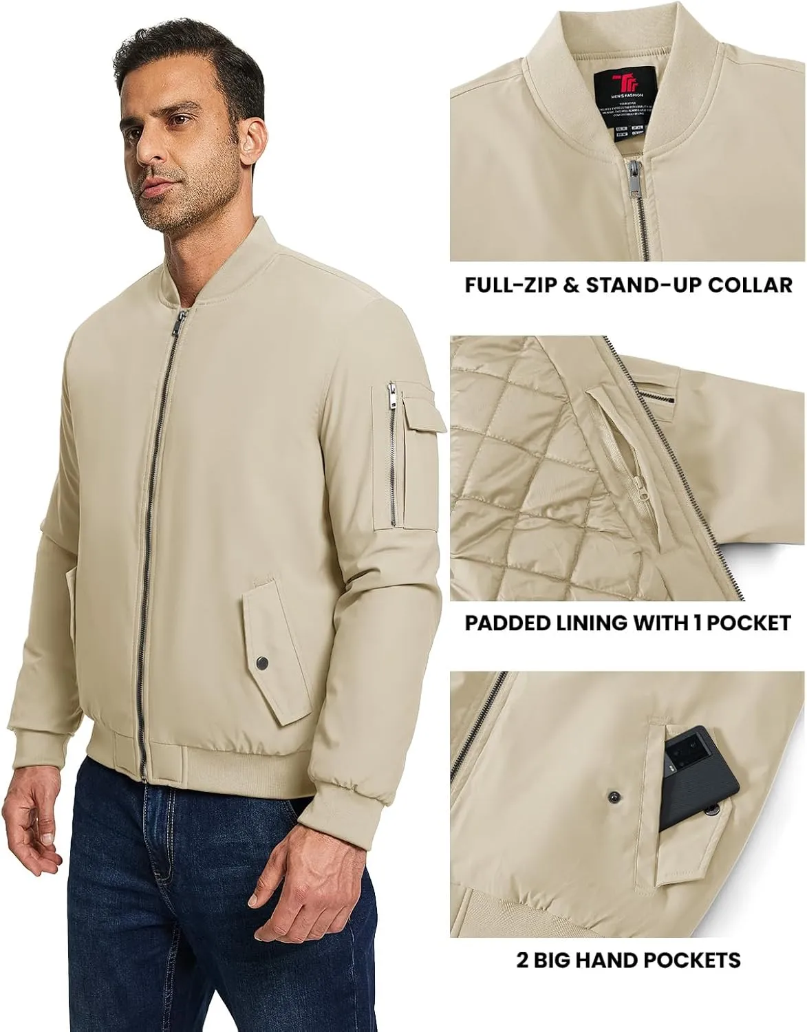 TBMPOY Men's Bomber Jacket Lightweight Winter Windbreaker Zip Up Padded Softshell Windproof Water-Resistant Casual Fall Coat