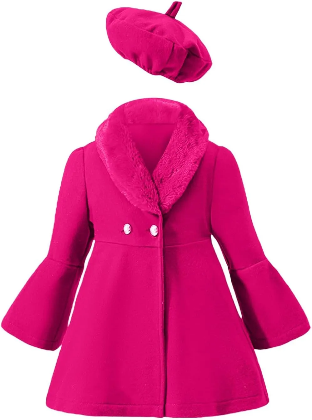 Toddler Girls Dress Coat Lapel Wool Blend Long Winter Button Trench Jackets with Pockets Hat Set (Hot Pink, 3-4 Years)