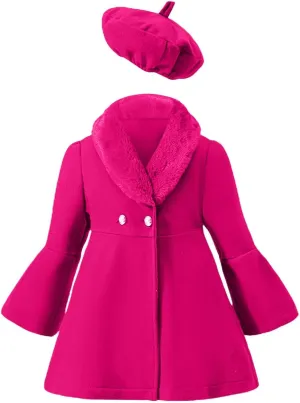 Toddler Girls Dress Coat Lapel Wool Blend Long Winter Button Trench Jackets with Pockets Hat Set (Hot Pink, 3-4 Years)