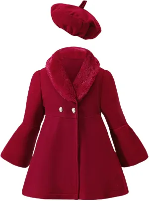 Toddler Girls Dress Coat Lapel Wool Blend Long Winter Button Trench Jackets with Pockets Hat Set (Red, 4-5 Years)