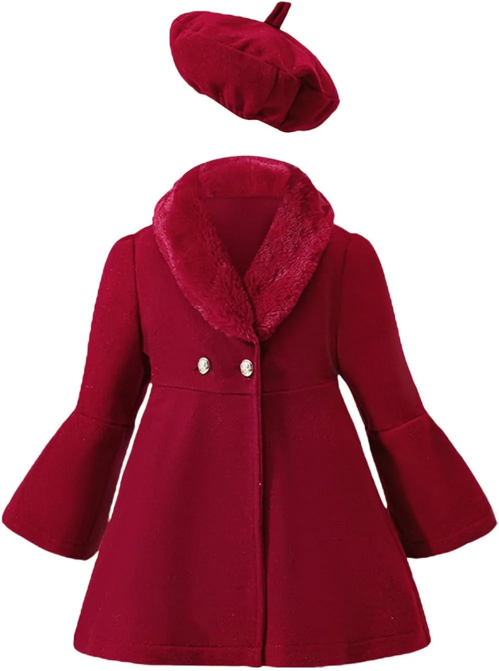 Toddler Girls Dress Coat Lapel Wool Blend Long Winter Button Trench Jackets with Pockets Hat Set (Red, 4-5 Years)
