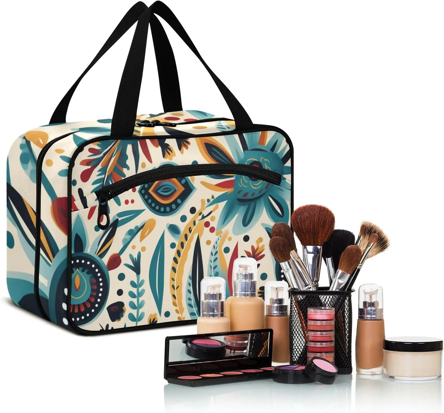 Toiletry Bag Abstract Ethnic Floral Hanging Makeup Organizer Water Resistant Cosmetic Bag