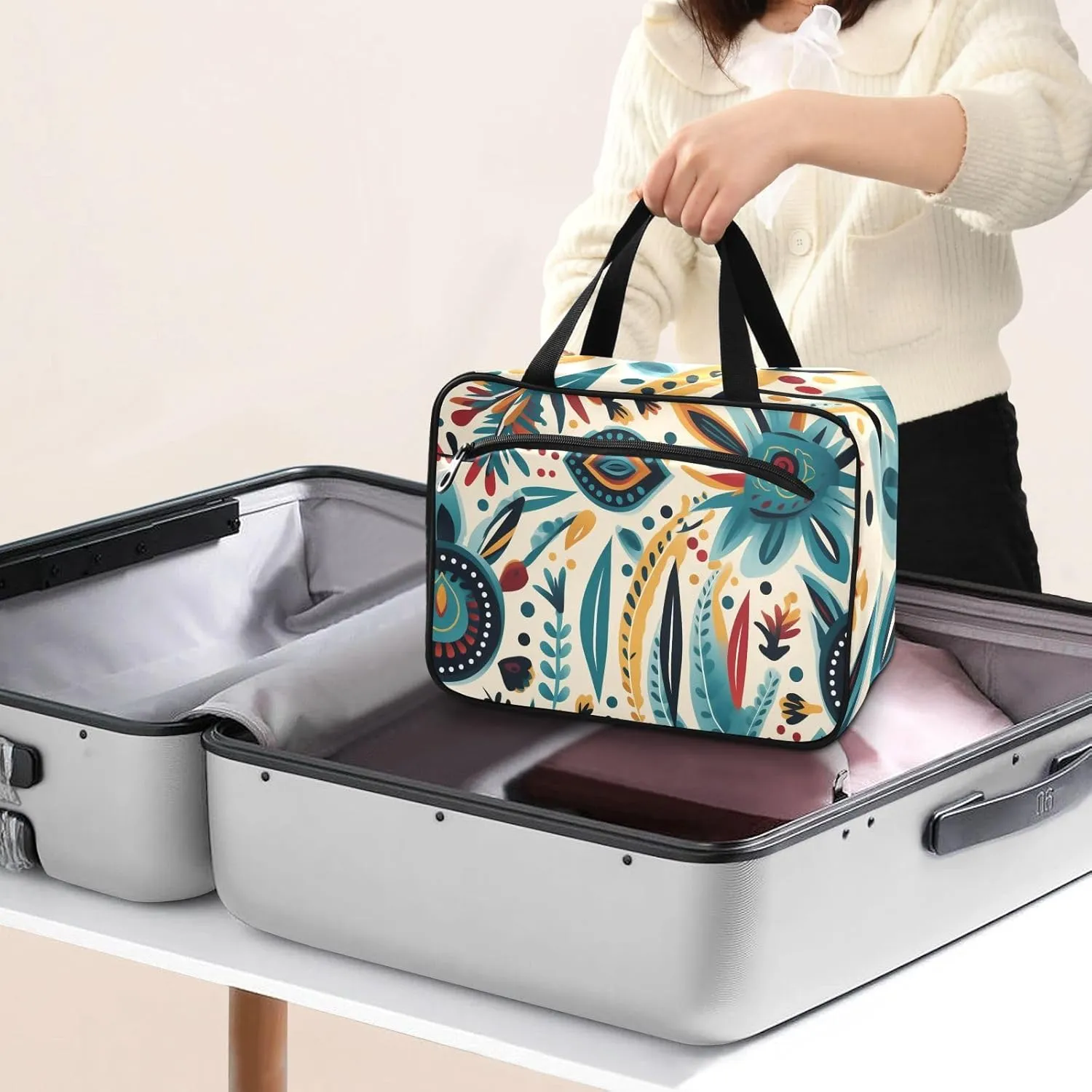 Toiletry Bag Abstract Ethnic Floral Hanging Makeup Organizer Water Resistant Cosmetic Bag