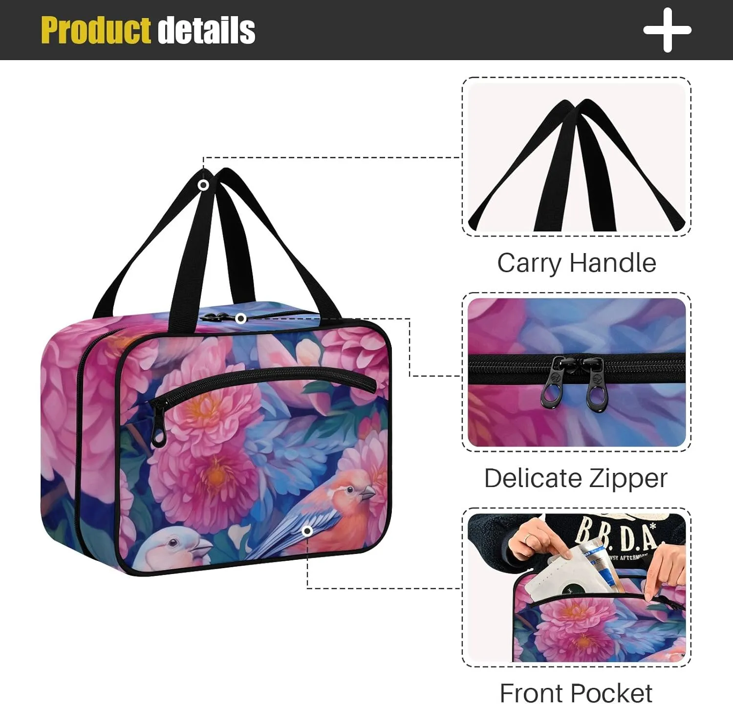 Toiletry Bag Birds and Flowers Hanging Makeup Organizer Water Resistant Cosmetic Bag