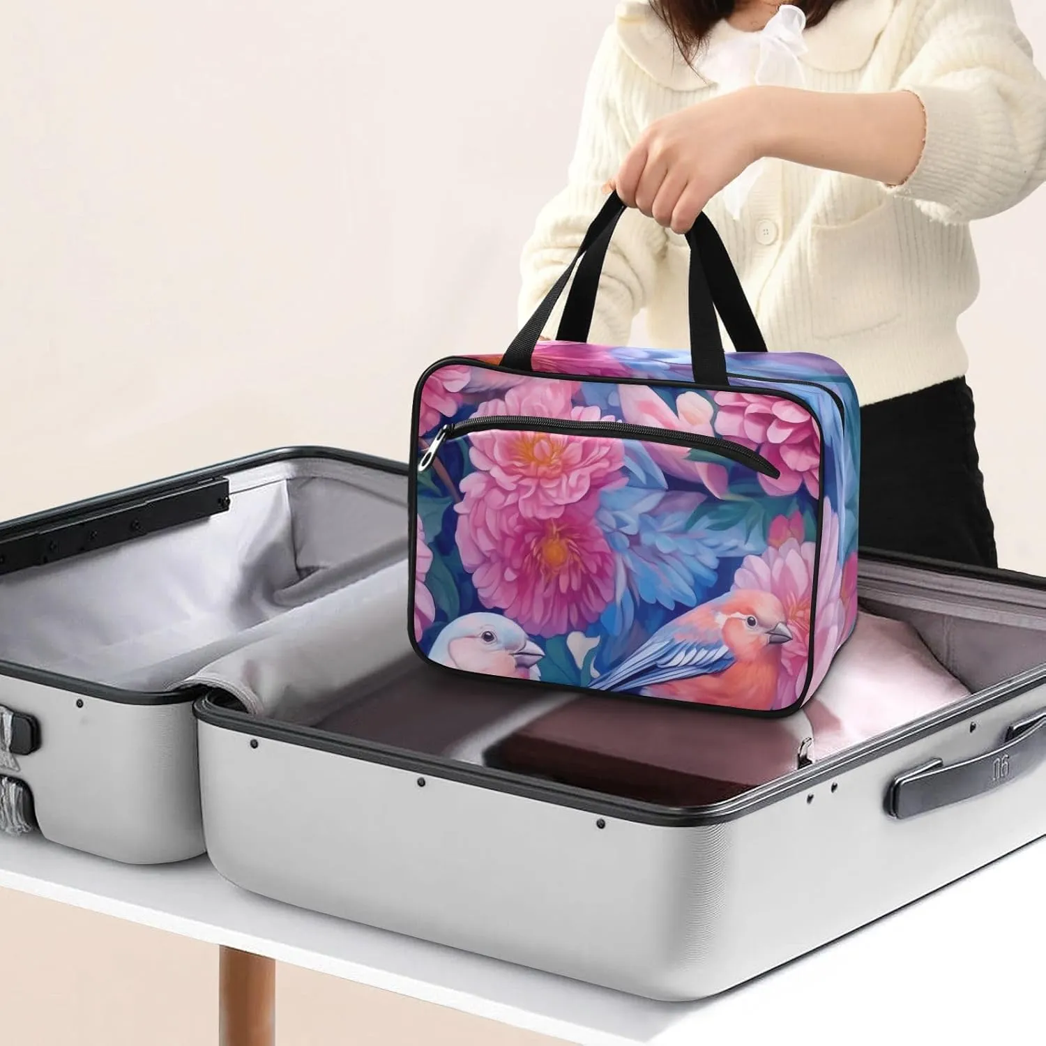 Toiletry Bag Birds and Flowers Hanging Makeup Organizer Water Resistant Cosmetic Bag