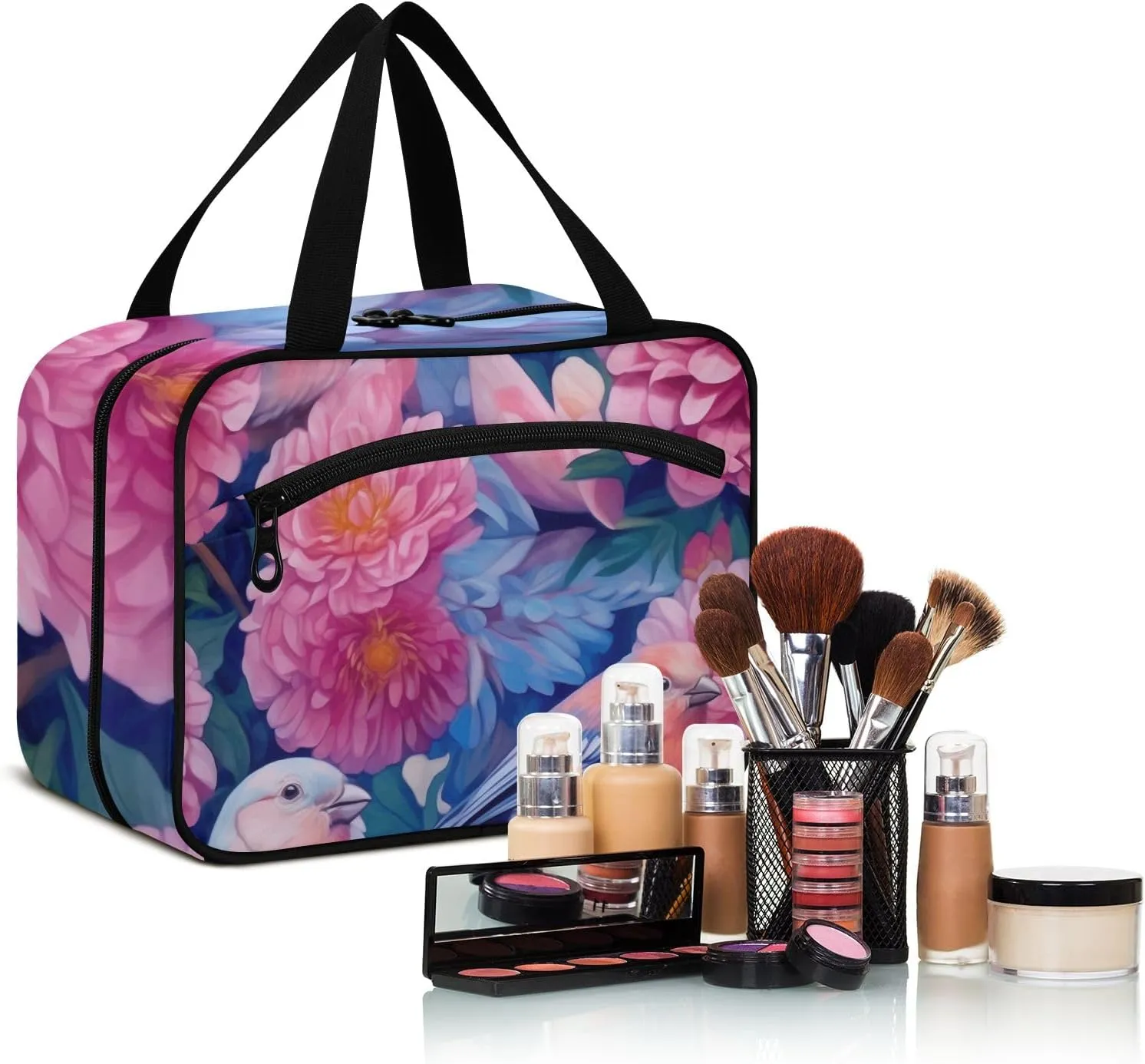 Toiletry Bag Birds and Flowers Hanging Makeup Organizer Water Resistant Cosmetic Bag