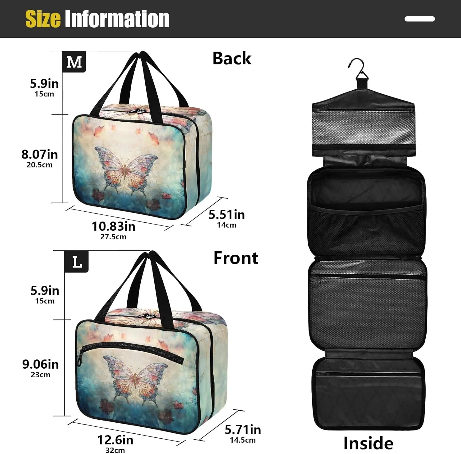 Toiletry Bag Butterfly Print Hanging Makeup Organizer Water Resistant Cosmetic Bag