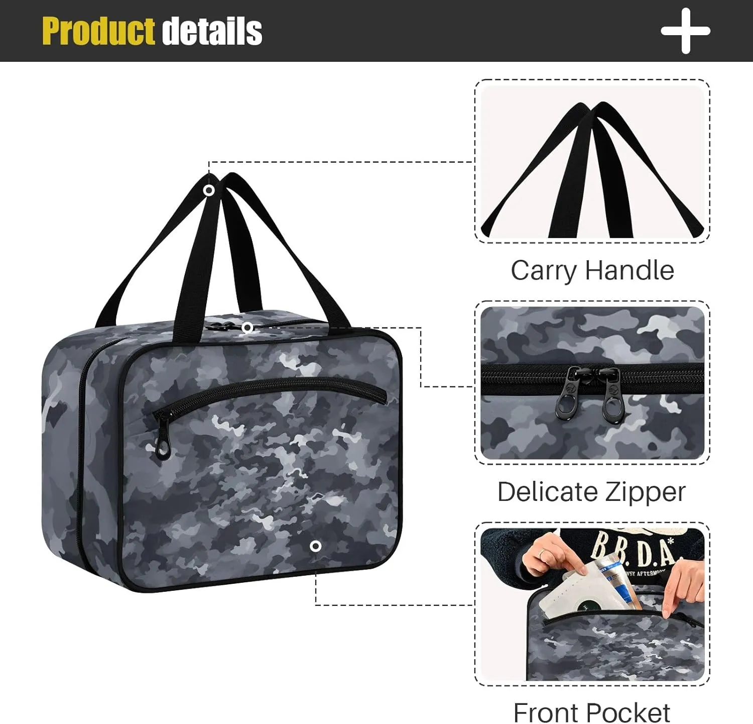 Toiletry Bag Grey Camoflage Pattern Hanging Makeup Organizer Water Resistant Cosmetic Bag