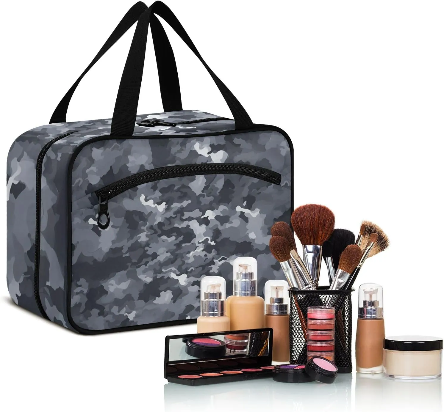 Toiletry Bag Grey Camoflage Pattern Hanging Makeup Organizer Water Resistant Cosmetic Bag
